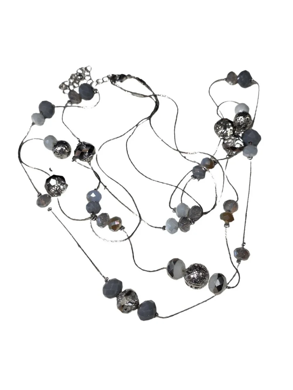 Multi-Tone Faceted Gray & Iridescent & Silver Bead Two Strand Long Necklace